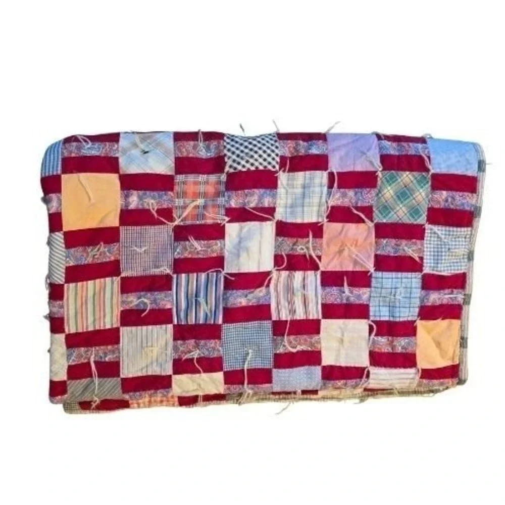 Vintage Handmade Patchwork Tied Quilt Red Multi Color Scrap Cotton 81x65 Folk